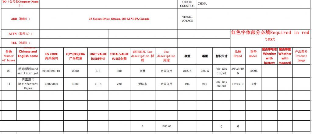 goods packing list 